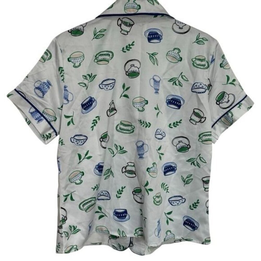 Kate‎ Spade Blue Green Novelty Coffee Print Satin Pajama Top Cozy Feminine XS - Picture 5 of 10